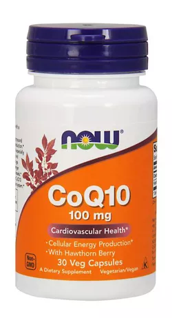 obrázek NOW® Foods NOW CoQ10 (koenzym Q10) + Hawthorn Berry (hloh), 100 mg, 30 rostlinných kapslí