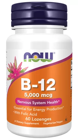 obrázek Now® Foods NOW Vitamin B12 with Folic Acid (Vitamín B12 + Kyselina Listová), 5000 mcg, 60 pastilek