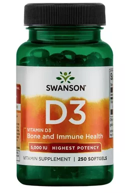 obrázek Swanson Vitamin D3, 5000 IU, Vyšší účinnost, 250 softgel kapslí